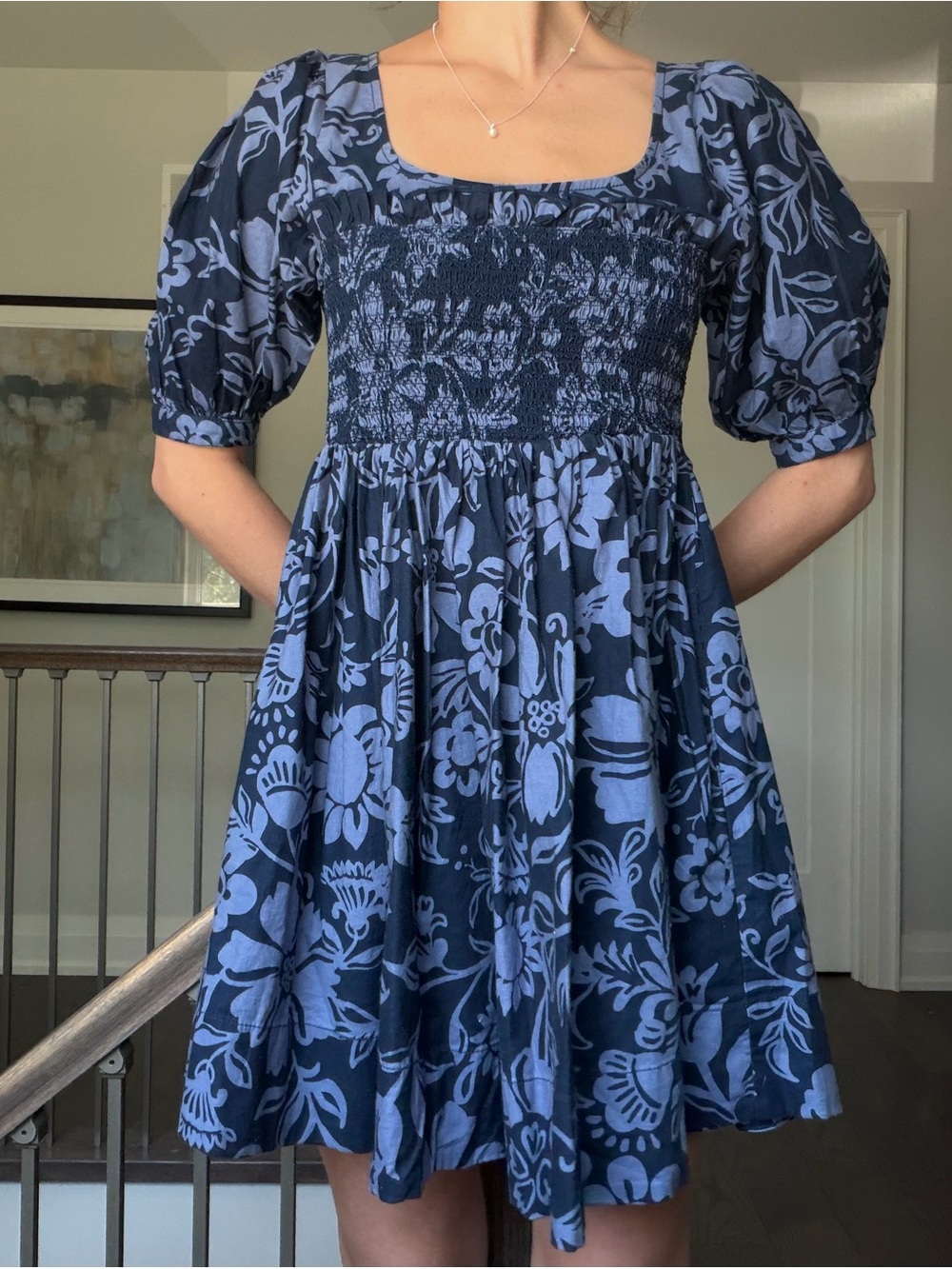 Free People Navy and Light Blue Floral Smocked Dress